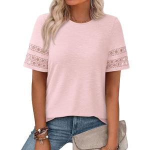 PRETTYGARDEN Summer Tops for Women 2026 Lace Short Sleeve T-Shirts Casual Blouses Spring Fashion Clothes Vacation Outfits XL