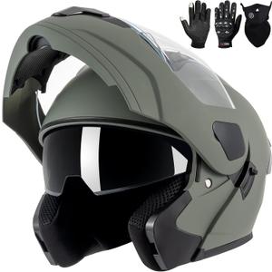 Adult Modular Motorcycle Helmets, DOT Approved Flip up Dual Visor Full Face Helmet for Men Women Moto ATV UTV Snowmobile ADV Four Wheeler Street Bike with Gloves & Mask