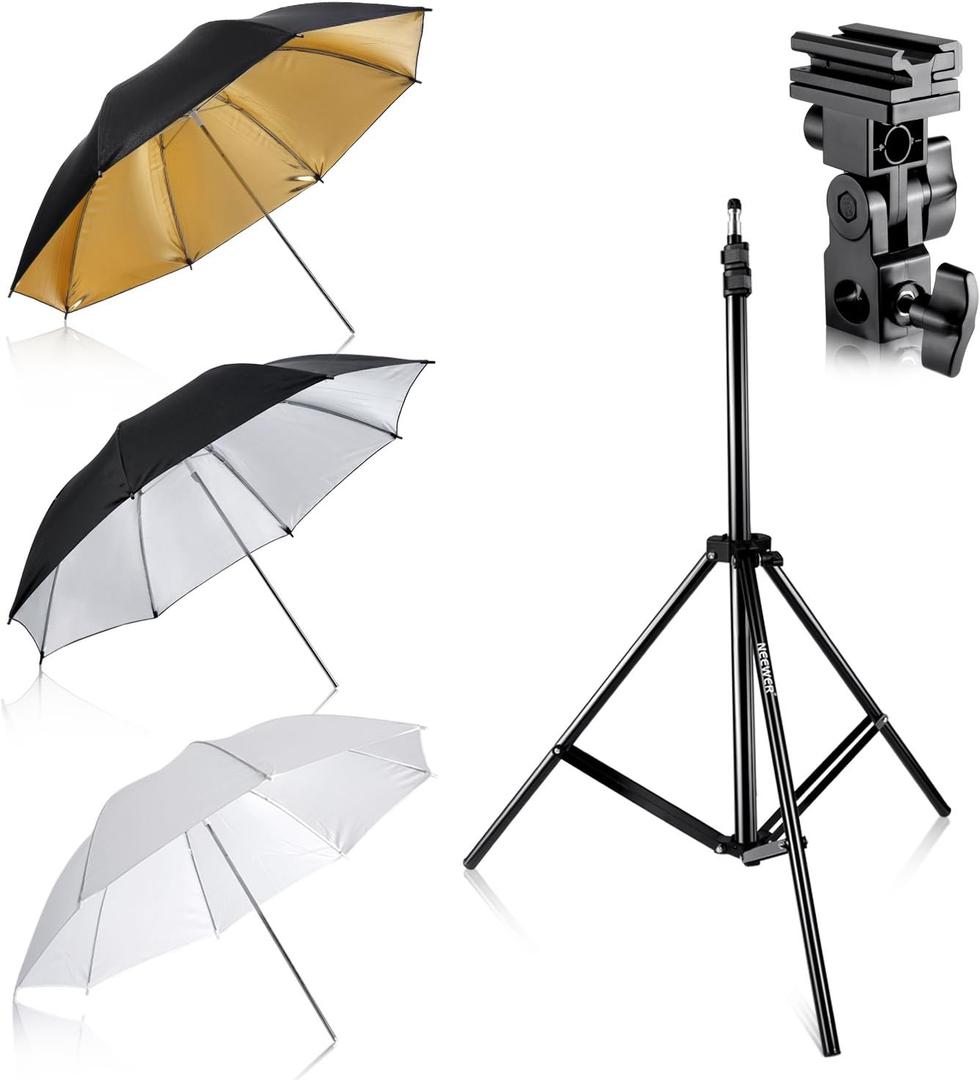 Neewer Flash Mount Three Umbrellas Kit 33"/84cm White Soft/Silver Reflective/Gold Reflective Umbrella for Canon 430EX II,580EX II,Nikon SB600 SB800,Yongnuo YN 560,YN 565,Neewer TT560,TT680