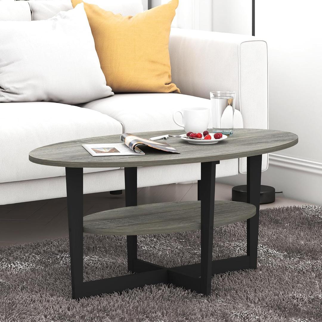 Furinno Jaya 2-Tier Round Coffee Table, Small Grey Coffee Table with Storage Shelf, Oval Center Table for Living Room, Bedroom, Home Office, Grey Oak