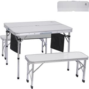 Nice C Folding Picnic Table, Portable Picnic Table, Folding Table with Bench, Outdoor Table and Chairs, Hole for Umbrella, Mesh net Storage, Backyard, Party, Outdoor, Lawn (White)