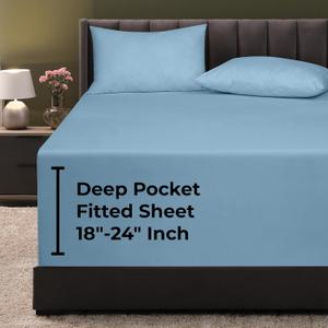 Royale Linens Extra Deep Pocket Queen Fitted Sheet Only-Queen Size Deep Pocket Lake Blue Fitted Sheet- Fits 18 inch to 24 inch Thick Mattress- Soft & Breathable Elastic Sheets (60x80 Inches,Lake Blue)