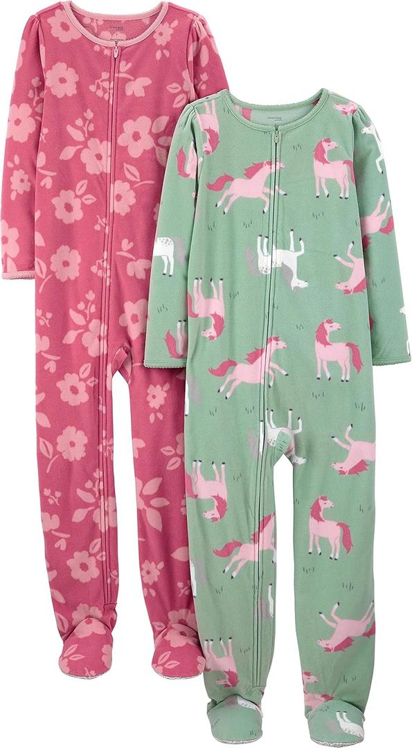 Simple Joys by Carter's Girls' 2-Pack Loose-fit Fleece Footed Pajamas (8, Mint Green Horses/Raspberry Red Floral)