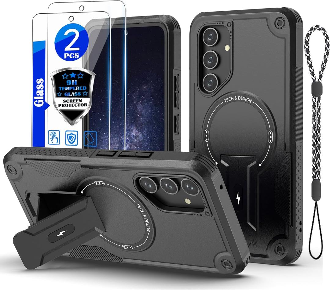 for Samsung Galaxy A35 5G case[Compatible with MagSafe][with 2 * 9H Tempered Glass Screen Protector], Built in Invisible Stand, Not FadingShockproof Protective Phone Cover 6.6-inch(Black)