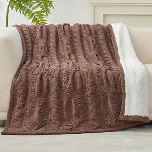 Amlie Home Cable Knit Throw Blanket for Couch, Chenille Sherpa Soft Cozy Throw Blankets for Sofa Chair Comfortable Home, 50"x60", Brown
