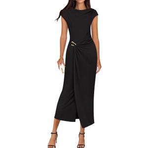 ZESICA Women's 2025 Summer Mock Neck Casual Bodycon Dress Cap Sleeve Elegant Cocktail Party Long Midi Dresses (S, Black)