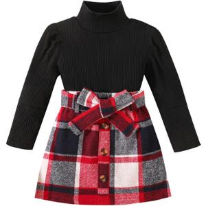 Noubeau Toddler Girl Fall Winter Clothes Cute Puff Sleeve Top Plaid Mini Skirt Girls A-line Dress 2-8 Years