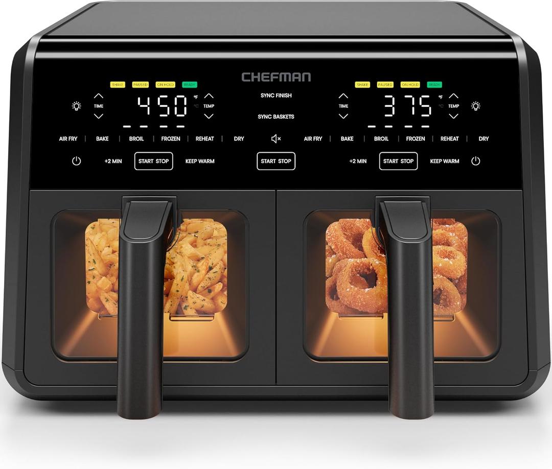 Chefman Dual Air Fryer Oven with DC Motor, 9 Qt. Double Basket Air Fryer with 450F Max Temp for Meals in Minutes, Bake, Broil, Dehydrate, Reheat for Extra-Crispy Chicken, Fries, and More - Black