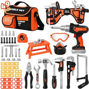 Kids Tool Set 49 PCS, Portable Tool Bag with Battery Powered Toy Drill & Adjustable Belt, Pretend Play Toddler Tool Set, Construction Toys for Boys & Girls Age 3-8, STEM Gifts