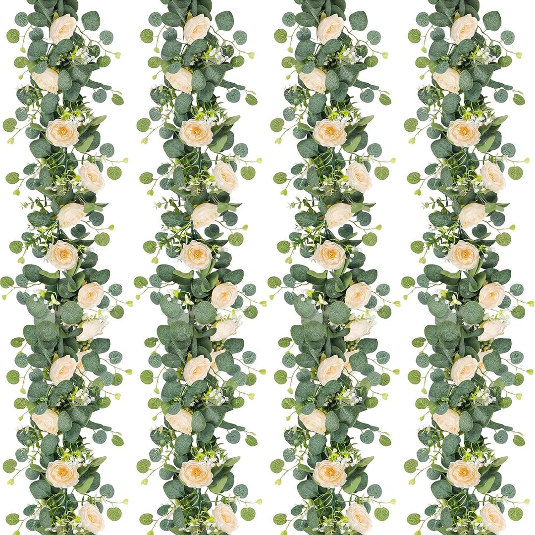 TOCHGREEN 4 Pack 24Ft Artificial Eucalyptus Flower Garland with Champagne Roses, Fake Rose Flower Greenery Garland Floral Vines for Wedding Home Party Table Runner Decor (4PCS, Champagne)