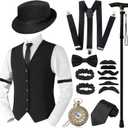 1920s Mens Gatsby Gangster Costume Accessories Set for Adult, Roaring Retro 20s Costume Outfit with Vest Fedora Hat Crutch (XX-Large)