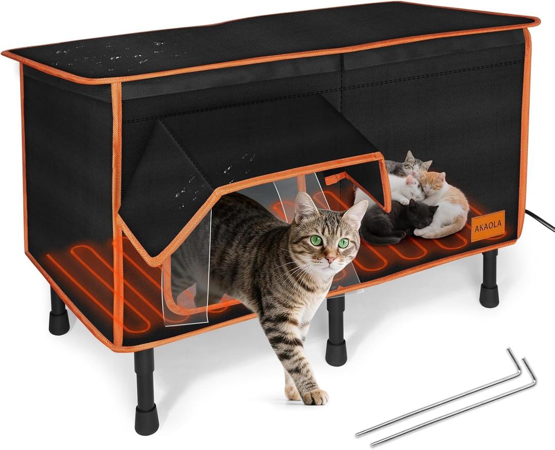 Heated Outdoor Cat House for Outside Winter 100% Waterproof Oxford Tarpaulin with Safe Escape Door and 5" Elevated Base with Heater for Feral Barn Cat Kitty (26x20x14)