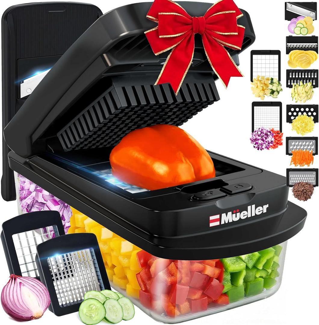 Mueller Pro-Series 10-in-1, 8 Blade Vegetable Chopper, Mandoline Slicer, Onion Mincer, Cutter, Dicer, Veggie Chopper with Container, Kitchen Essentials & Gadgets, House Warming Gifts New Home, Black