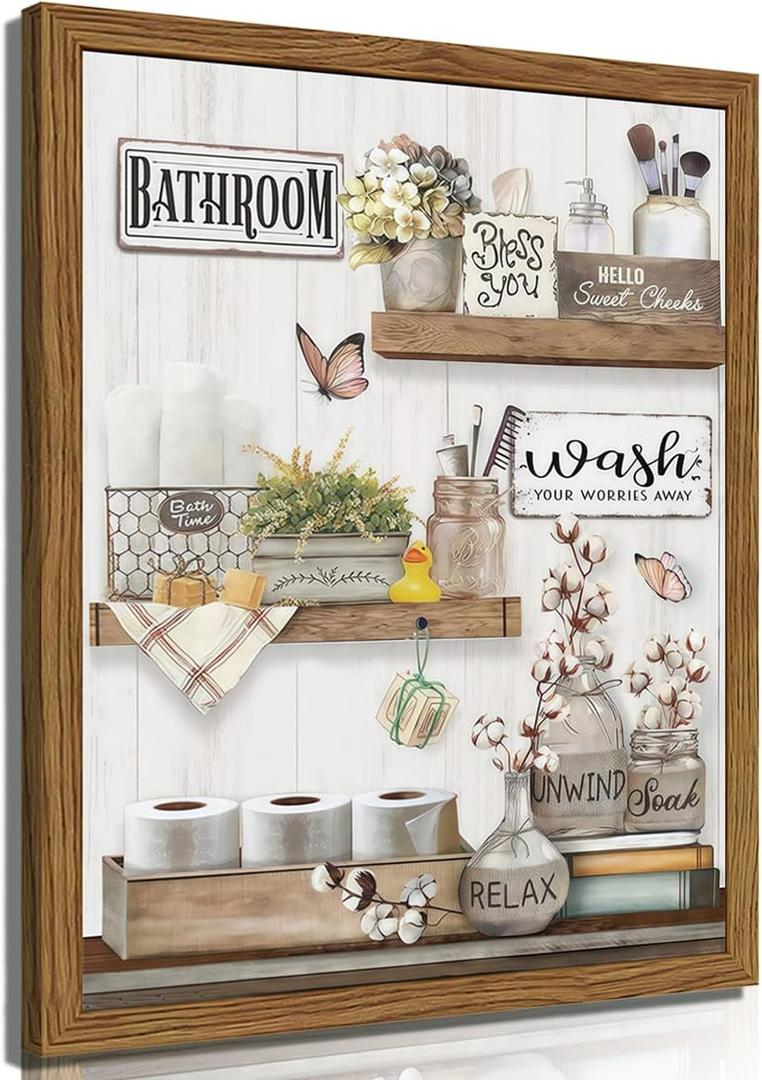 Framed Farmhouse Bathroom Wall Art, Rustic Cotton Relax Soak Unwind Pictures Wall Decor Paintings, Vintage Flower Canvas Posters Prints Artwork for Bathroom Home Decor 16x24 Inch