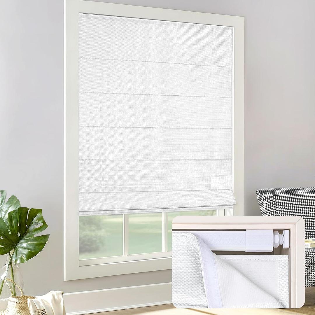LazBlinds No Drill Light Filtering Roman Shades, White, 28" W x 64" H | No Tools Easy Install Window Blinds, Thermal Insulated Room Darkening with UV Blocking for Bedroom/Living Room