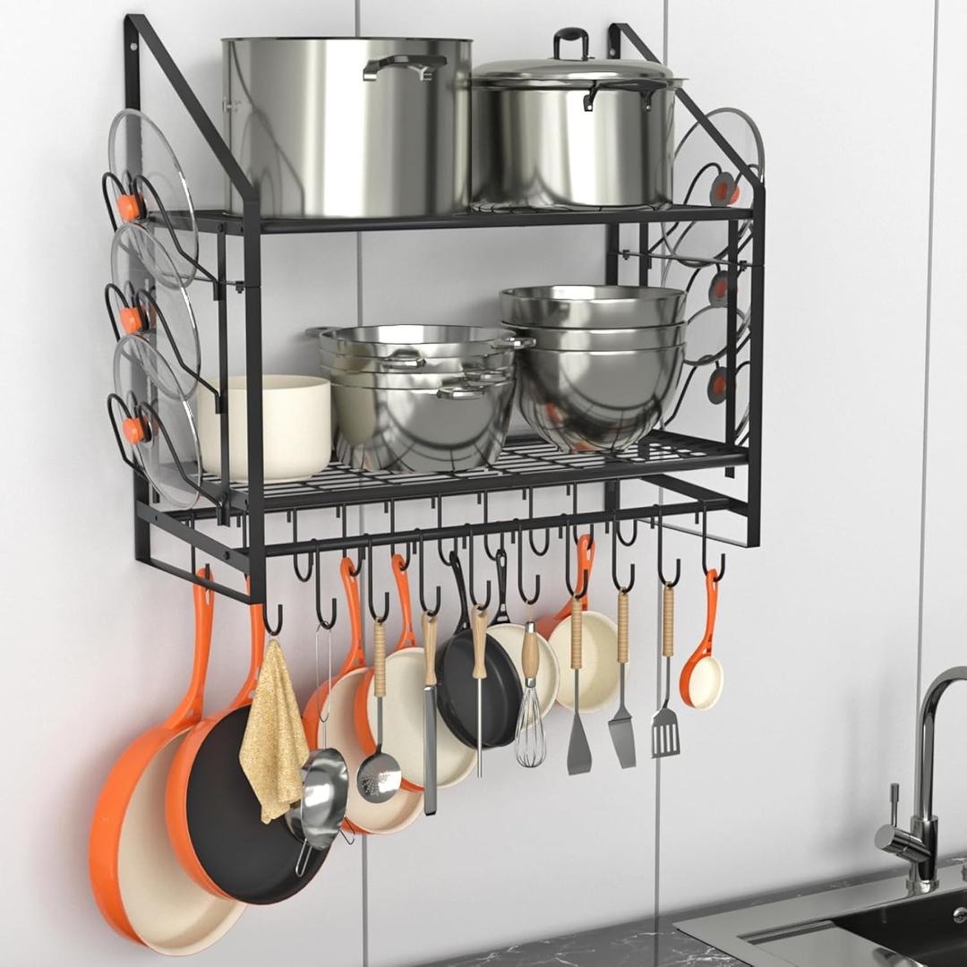 28 Inch Pot Rack Wall Mounted, 2 Tier Pots and Pans Organizer with 20 Hooks and 6 Pot Lid Holders, Heavy Duty Steel Pot and Pan Hanger for Kitchen Cookware Utensils Storage 34.7" Lx13 Wx26.4 H