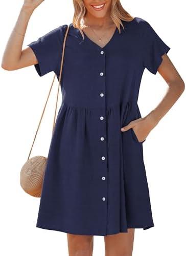 GRAPENT Linen Dresses for Women Casual Summer Babydoll Button Down Short Sleeve V Neck Above Knee Dress with Pockets, Size Large