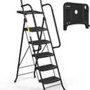 HBTower Step Ladder, Folding Step Stool with Wide Anti-Slip Pedal, Sturdy Steel Ladder, Convenient Handrail, Lightweight, Portable Steel Step Stool (5 Step Ladder, Black)