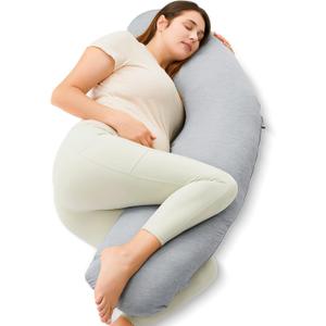 Momcozy J-Shaped Pregnancy Pillow for Sleeping with Cooling Cover, Side Sleeper Support for Belly, Hip & Leg, Deep Grey