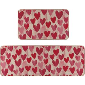 Watercolor Love Heart Valentines Kitchen Rugs Set of 2, Valentines Day Home Decor Low-Profile Kitchen Mats for Floor - 17x29 and 17x47 Inch