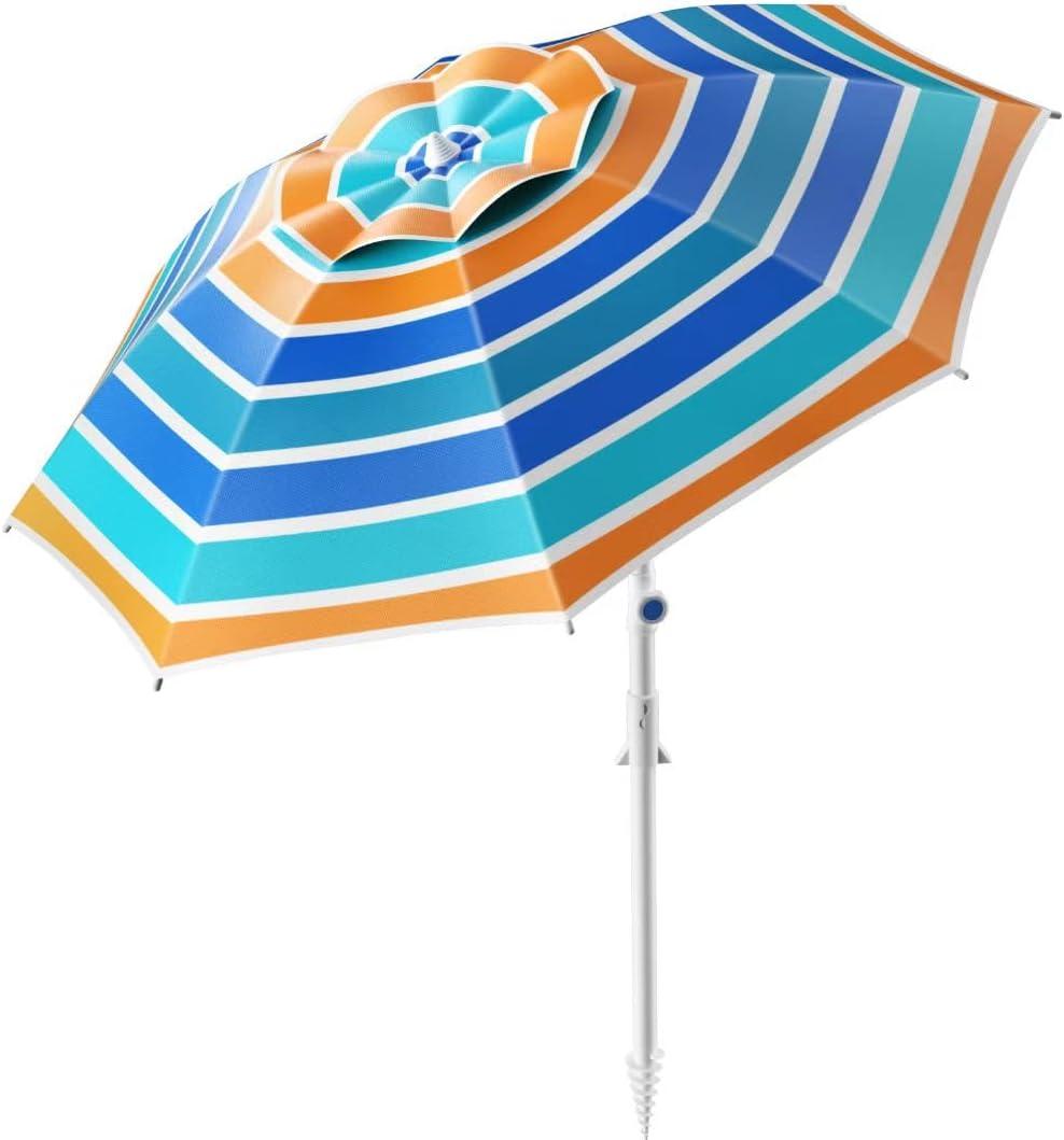 8FT. Large Beach Umbrella with Heavy Duty Sand Anchor & Tilt Sun Shelter, UPF50+ UV Protection, Wind Resistance, Waterproof Canopy, Portable for Beach Outdoor Patio Yard Garden Pool