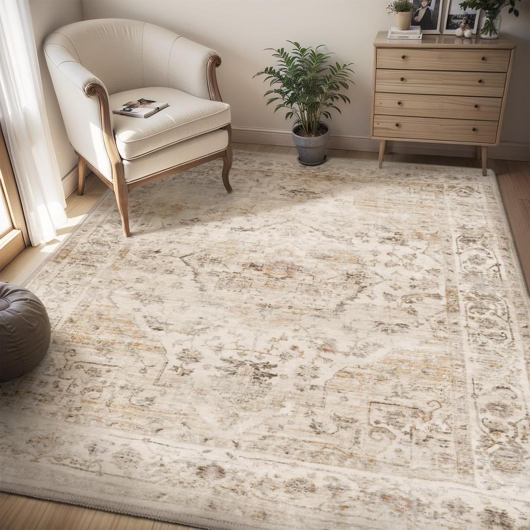 AMOAMI-4X6 Area Rugs for Living Room -Soft Vintage Bedroom Rugs-Non Slip Washable Rug-Throw for Living Room Bedroom Bedside Dining Room Office Beige