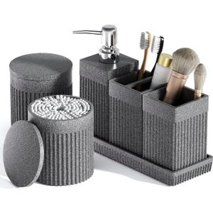 6-Piece Bathroom Set Grey - Stone Textured Resin Bathroom Organizer with Soap Dispenser, Toothbrush Holder, Vanity Tray, Tumbler & Cotton Swab Jars for Small Spaces