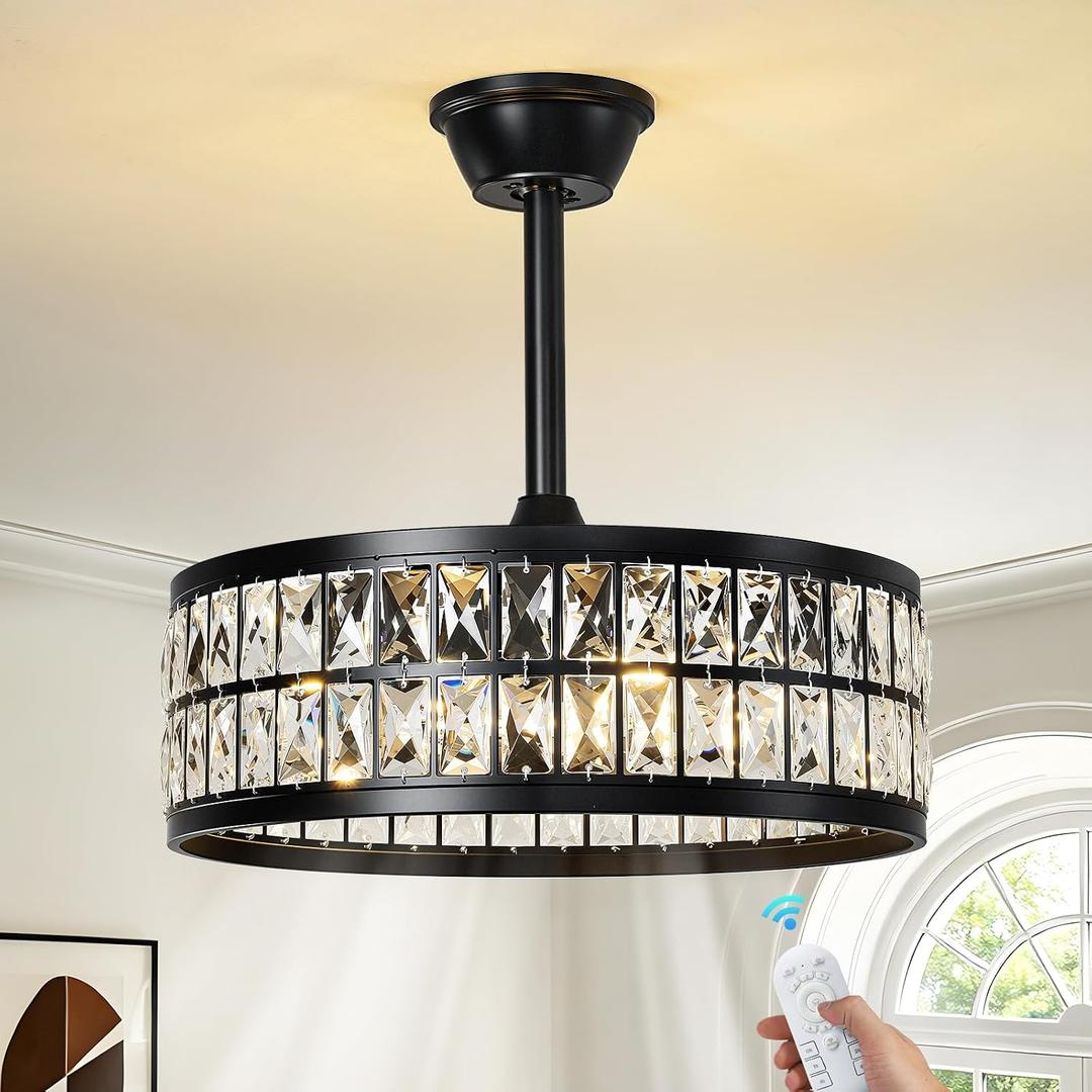 Black Caged Ceiling Fan with Light and Remote 19 Inch Modern Crystal Fandelier Ceiling Fan with Light Semi Flush Mount Farmhouse Chandelier Fan Light for Bedroom Kitchen Living Room, Small