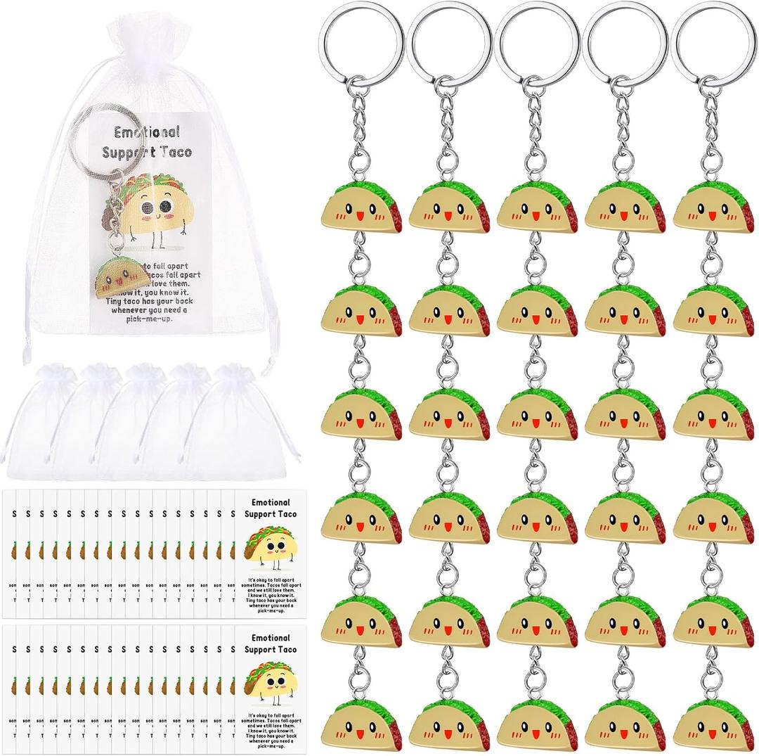 Kigley 30 Sets Inspirational Taco Keychain Bulk Mini Resin Cute Realistic Taco with Funny Card Organza Bag Positive Emotional Support for Employee Team Coworkers Dietitian Cinco De Mayo Mexican Gifts