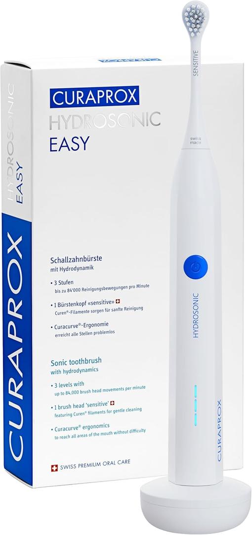 Curaprox Hydrosonic Easy Sonic Toothbrush  for Daily Gum Care and Plaque Control | Simple, Effective, Reliable | One Brush Head (1 Count (Pack of 1))