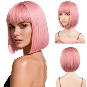 Light Pink Bob Wigs with Flat Bangs 12" Include Wig Cap Heat Resistant Synthetic Fiber Colorful Wigs Adjustable Size for All Women Halloween Costume Party