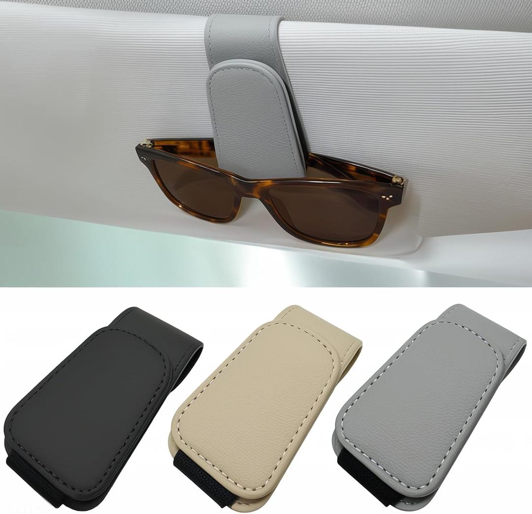 Car Sunglasses Holder, Sun Visor Eyeglass Holder Magnetic Clip Leather, 1 Pack Gray