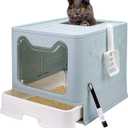 Foldable Cat Litter Box with Lid, Enclosed Potty, Large Top Entry Anti-Splashing Toilet, Easy to Clean Including Litter Scoop and 2-in-1 Cleaning Brush (Blue)