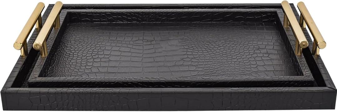 Set of 2 Modern Elegant Large Wood Serving Tray, Rectangle Decorative Tray Ottoman Tay Coffee Table Tray, Black Crocodile Leather with Gold Polished Metal Handles