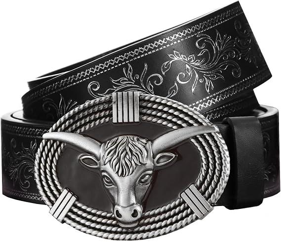 PARTTELY Western Cowboy Belts for Men Women, Western Belt with Bull Buckle, Country Belt Cowboy Leather Belt for Jeans, Size: for 32-38" waist
