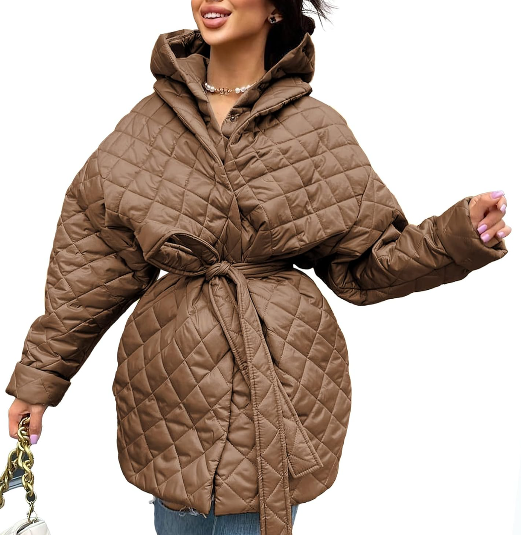 BTFBM Women Button Down Quilted Jacket Coat 2023 Fall Winter Fashion Belt Pockets Removable Padded Hood Puffer Outerwear XL Navy