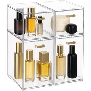 LALOBLUE Clear Stackable Drawer Organizer, 4 Pack Acrylic Storage Drawers with Pull-Out Design, Space-Saving Organizer for Bathroom, Vanity, Kitchen & Office