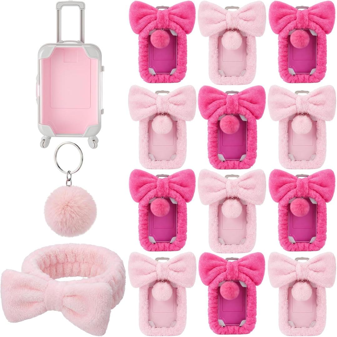 36 Pcs Mini Empty Suitcase Storage Box with Plush Ball Keychain Headband Clear Candy Luggage Storage Containers Suitcase Packaging Case for Wedding Birthday Bridal Party (Pink,Rose Red)