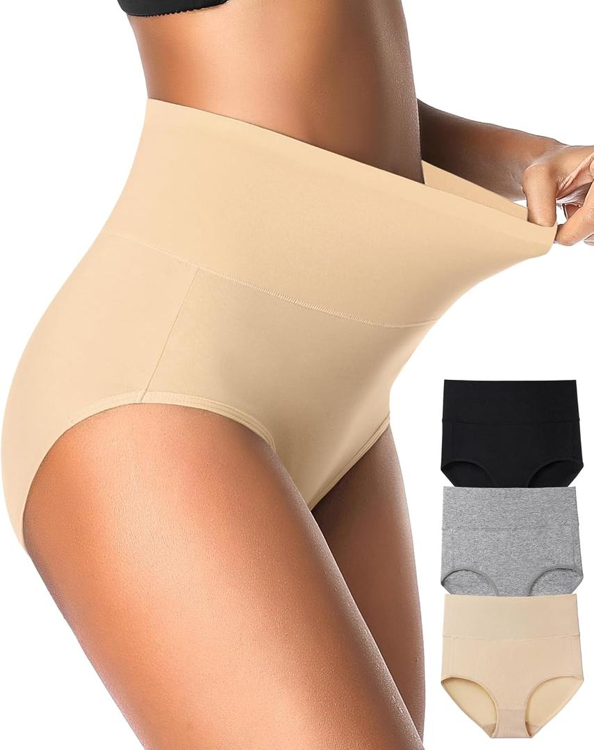 Eiggam Tummy Control Underwear Soft High Waisted underwear Full Coverage Briefs Breathable Postpartum Cotton Womens Panties (Large, Multicoloured D - 3 Pack)