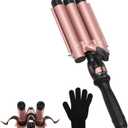 Three Barrel Curling Iron 1 Inch, 7 Heat Settings 180-430F, Ceramic Triple Hair Waver for Beach Waves, Dual Voltage 110-240V, Auto Shut-Off, Glove Included, Rose Gold
