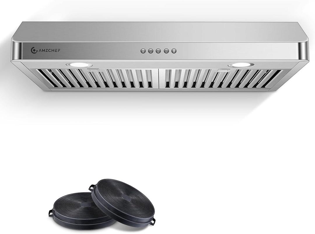 AMZCHEF 30" Under-Cabinet Range Hood - 1050 CFM Dual-Fan Vent Hood | Stainless Steel Dual-Fan hood with Button Control, LED lights & dishwasher-safe baffle filters 3 outlets