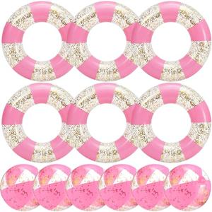 Glimin 12 Pack Pink Striped Inflatable Pool Floats Set Include 31 Inch Adults Swim Rings and 16 Inch Inflatable Beach Balls with Gold Confetti for Summer, Beach & Pool Party Decorations