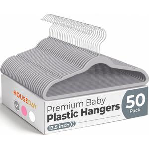 HOUSE DAY 13.5 Inch Kids Hangers 50 Pack - Premium ABS Plastic Clothes Hangers for Kids, Children, Preteens - Space Saving Thin Profile, Strong & Durable Hangers with 360 Swivel Hook - Gray