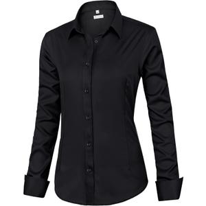 siliteelon Womens Classic-Fit Dress Shirts Long Sleeve Button Down Wrinkle-Free Stretch Solid Casual Work Office Blouse Top (Medium, Black)