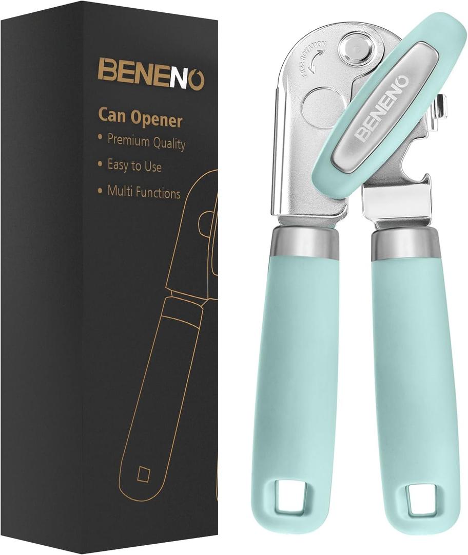 Beneno Heavy Duty Hand Can Opener Manual with Magnet, Durable Sharp Carbon Steel Blade Smooth Cutting, Big Effort-Saving Knob & Soft Grip Handle, Multifunctional Kitchen Tool with Bottle Opener, Mint