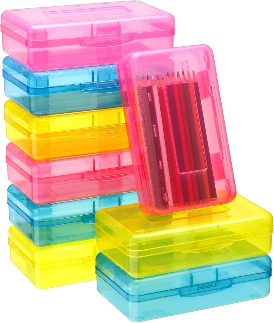 Fainne 24 Pack Clear Plastic Pencil Box, Pink, Yellow, Blue
Stackable Organizer for School Supplies, Large Case for Crayons Markers, Snap-lid Keeps Stationery Secure, Bulk Set