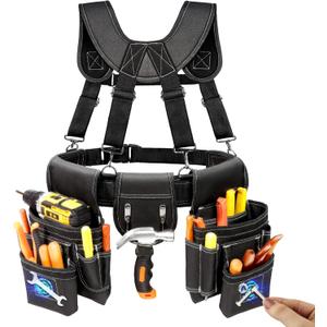 Tool Belt, Professional Tool Belts for Men, Magnetic Tool Pouch With Suspenders, Heavy Duty Detachable Adjustable Utility Belt Work Bags for Electrician, Carpenter (Black, 32''-66'')