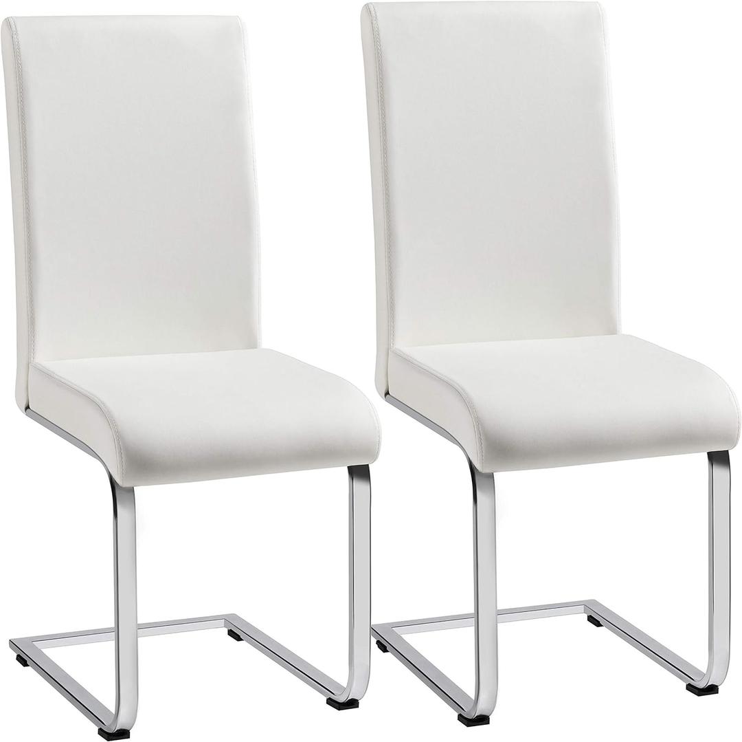 Yaheetech 2PCS Modern High Back Faux Leather Dining Room Chairs Upholstered Armless Side Chairs with Metal Legs Home Kitchen Furniture,White (Set of 2)