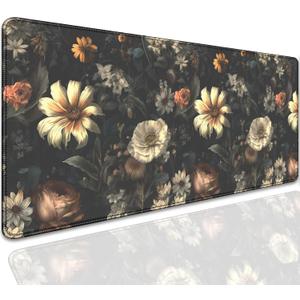 Black Background Flowers Desk Pad Mouse Pad,Large Floral Mouse Mat with Stitched Edges,Non-Slip Rubber Base Elegant Mousepad for Office PC Keyboard Laptop and Home Work Desk Mat(27.5X11.8 in)