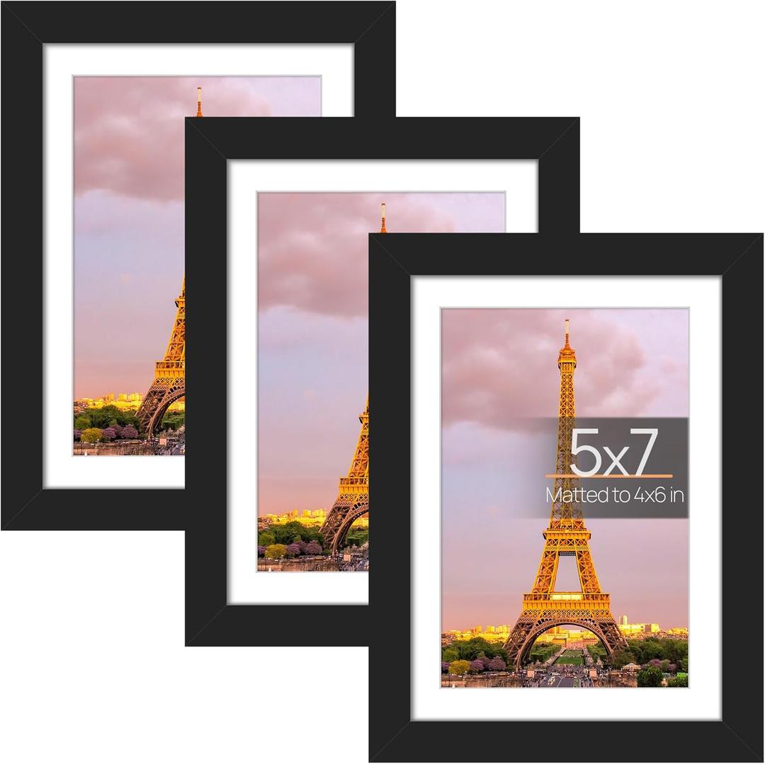 upsimples 5x7 Picture Frame Set of 3, Made of High Definition Glass for 4x6 with Mat or 5x7 Without Mat, Wall and Tabletop Display Photo Frames, Black